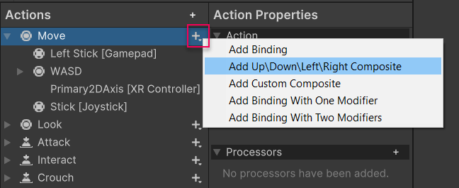 The Add Up/Down/Left/Right Composite binding is selected for the Move property on the Actions panel.