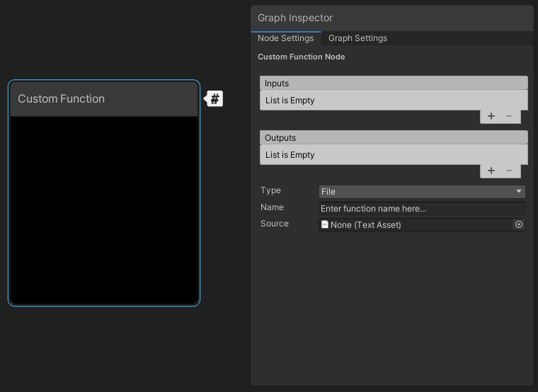 A Custom Function node selected in the workspace, and the Graph Inspector showing the node settings.
