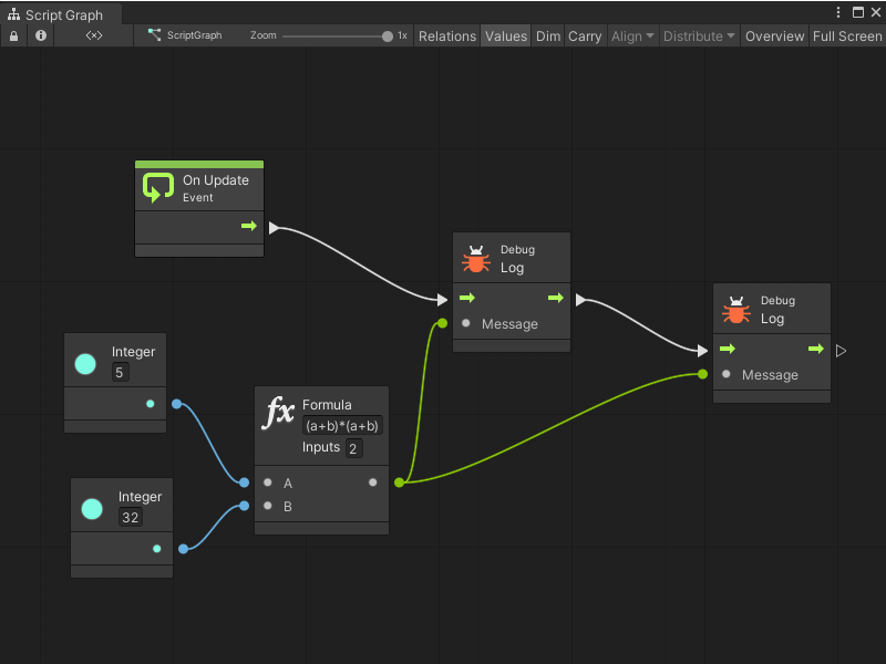 An example of a graph without a Cache node that has to perform the calculation in a Formula node twice to send the result to each Log node