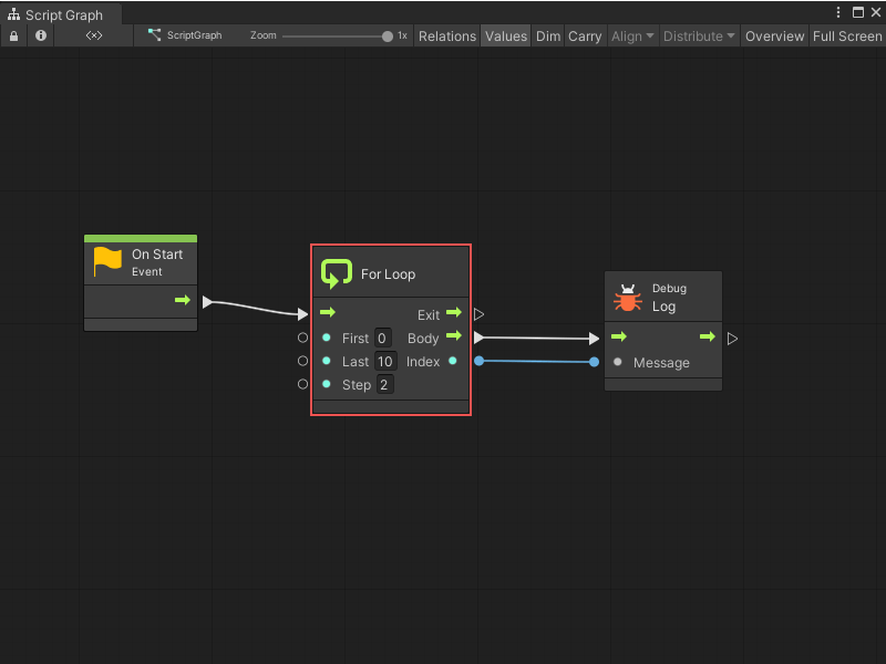 A graph with a For Loop node that runs from 0 to 10 in steps of 2 to output only even numbers in the 0-10 range