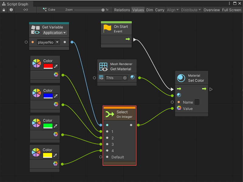 A Select node that uses a player variable input to select a color