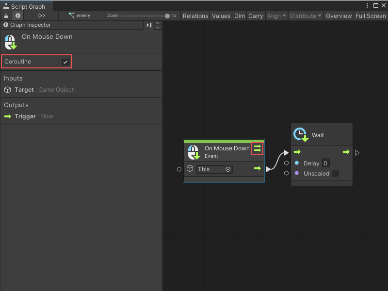 An event node with the coroutine checkbox selected in the graph inspector. A small dual-arrow icon on the event node indicates that it runs as a coroutine.