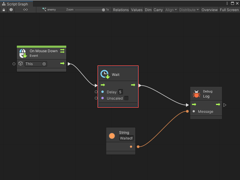 A mouse down event triggers a Wait node, which delays the next action by five seconds.