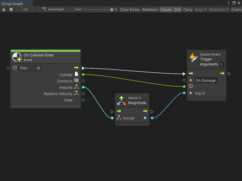 A script machine for a boulder that could hit a GameObject. It uses a Vector 3 Magnitude node to convert the force of the impact to the damage. The script machine has 3 nodes: an On Collision event node, a Vector 3 magnitude node, and a Trigger Custom event node. The Trigger output port of the On Collision event node connects to the Enter input port on the Trigger Custom event node. The Collider output port of the On Collision event node connects to the Target input port on the Trigger Custom event node. The Impulse output port on the On Collision event node connects to the Vector input port on the Vector 3 Magnitude node. And the Result output port on the Vector 3 Magnitude node connects to the Argument input port Trigger Custom event node.