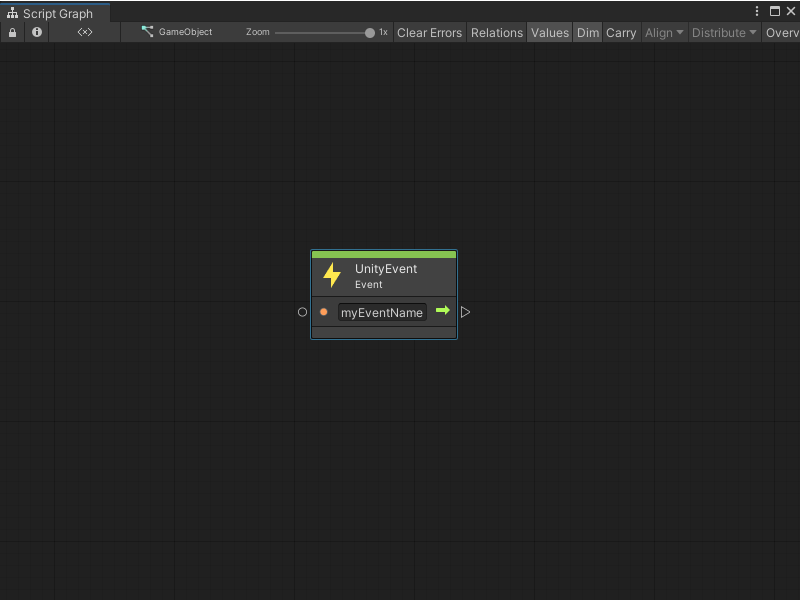 A UnityEvent node listens to a specified event from GUI components or scripts.