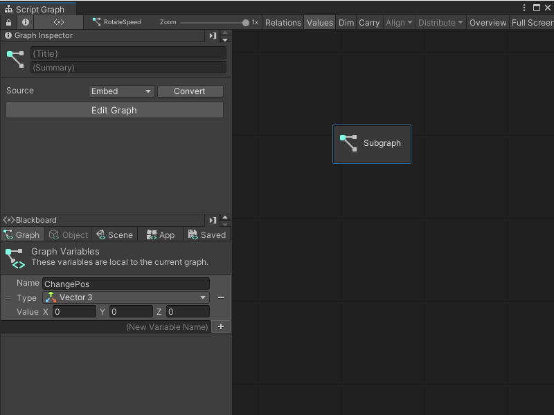The Graph window with a new blank Subgraph node added to a Script Graph