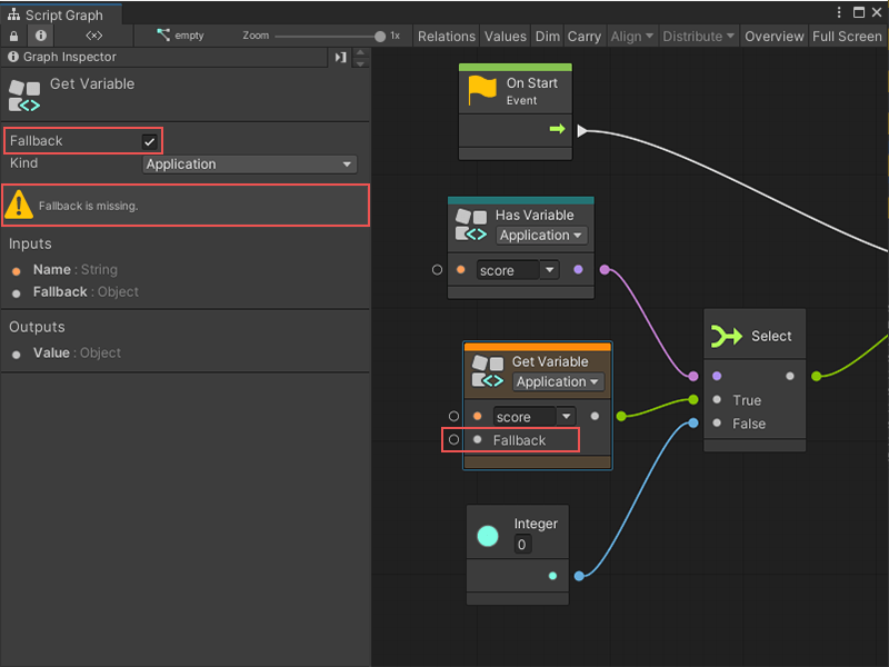 The Graph Inspector window with a selected Fallback option, and the Get Variable node showing the Fallback.