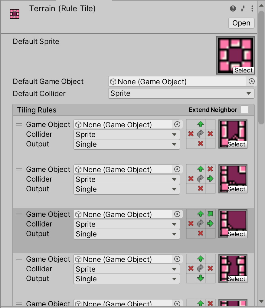 The Rule Tile editor of a Terrain Tile.