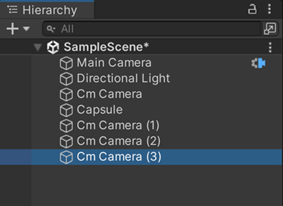 Hierarchy example: a Scene containing a Unity Camera with Cinemachine Brain and multiple Cinemachine Cameras.