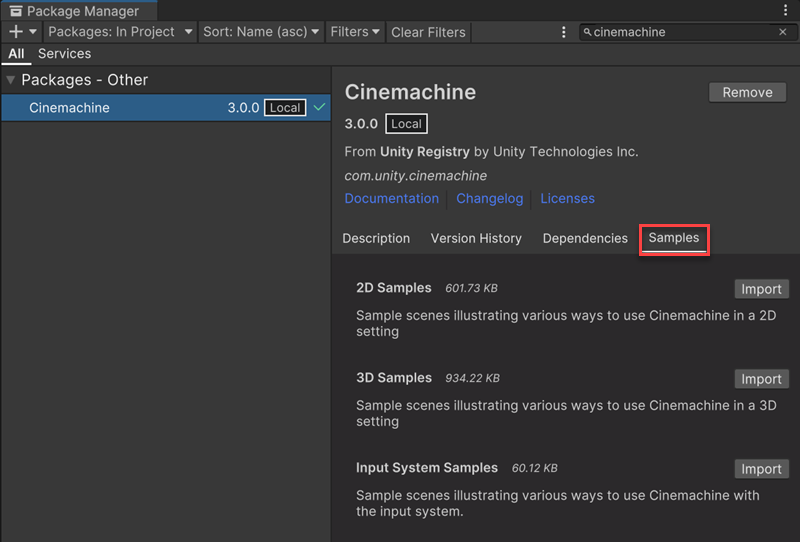 The Cinemachine package in the Package Manager window, with the Samples tab open.