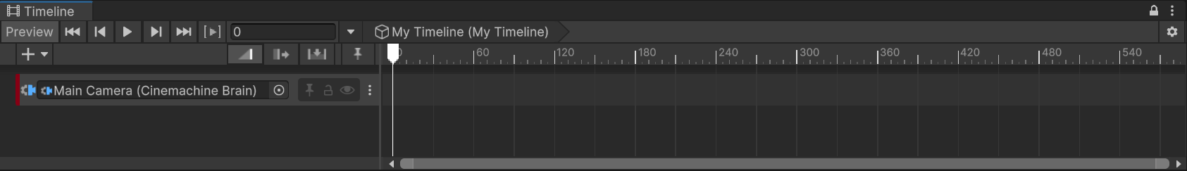 The Timeline window with a Cinemachine Track targeting the Unity Camera.