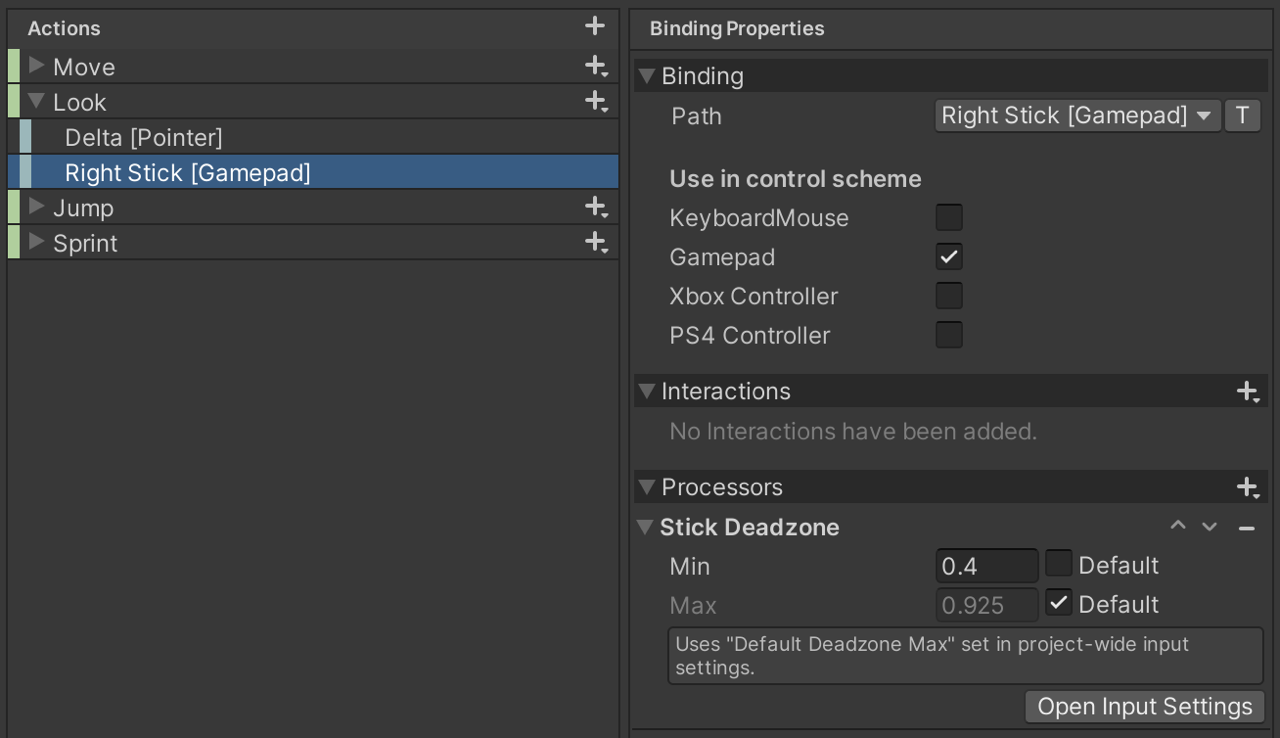An example of a Stick Deadzone Processor setup in the Input Action Asset Editor