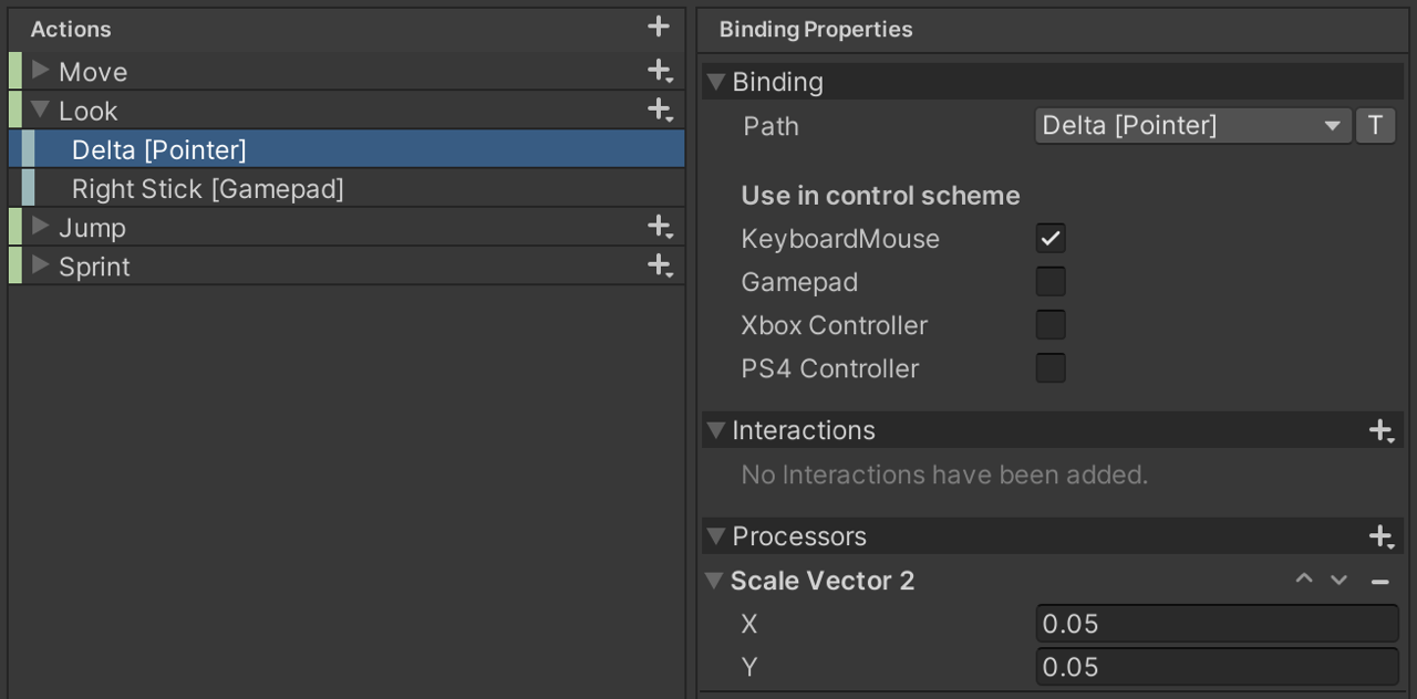 An example of a Scale Vector 2 Processor setup in the Input Action Asset Editor