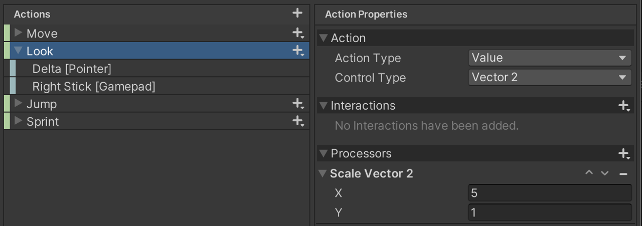 An example of a Scale Vector 2 Processor setup in the Input Action Asset Editor