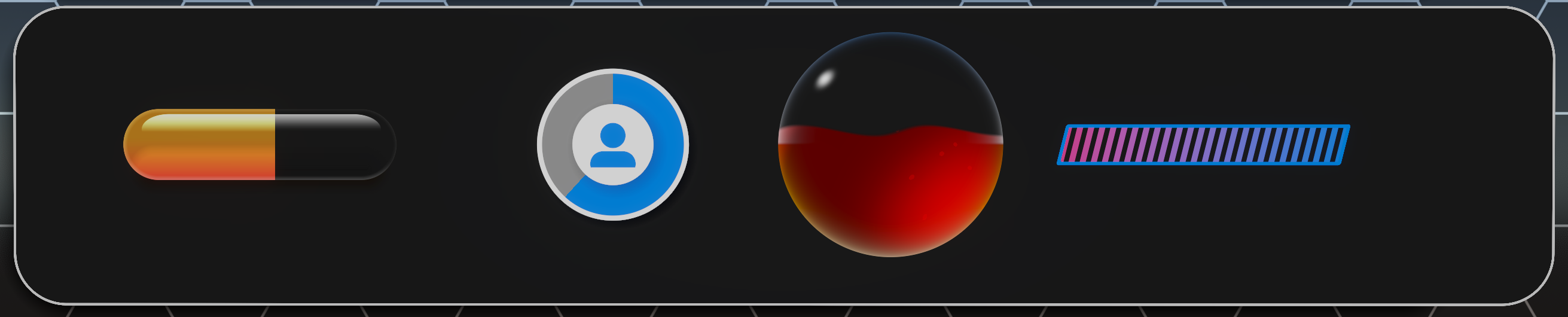 From left to right: A rounded, 3D capsule split into orange and black halves, a circular icon featuring a person symbol, framed by a blue arc, a transparent sphere partially filled with glowing red liquid, a gradient progress bar fading from pink to purple and blue.